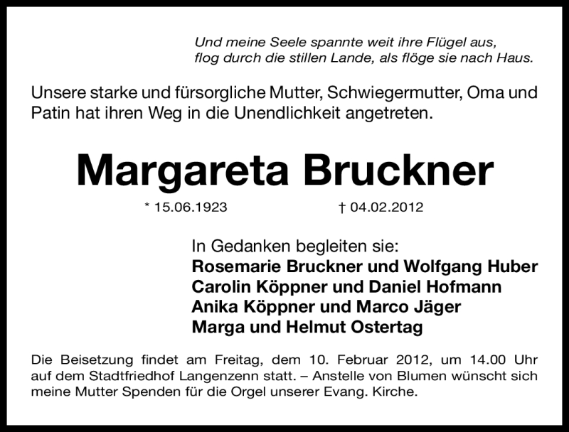  Traueranzeige für Margareta Bruckner vom 08.02.2012 aus Fürther Nachrichten Lokal