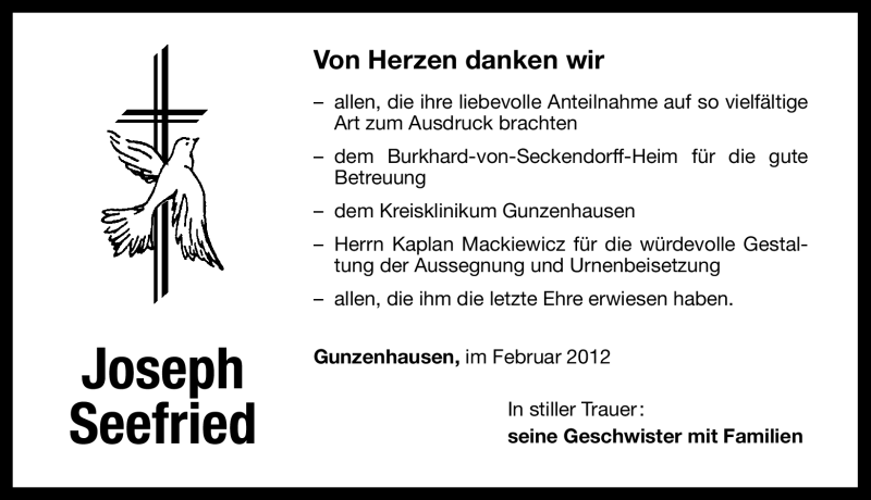  Traueranzeige für Joseph Seefried vom 07.02.2012 aus Altmühl-Bote Lokal