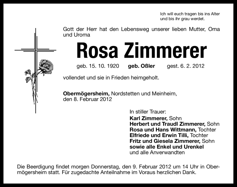  Traueranzeige für Rosa Zimmerer vom 08.02.2012 aus Altmühl-Bote Lokal