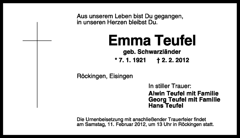  Traueranzeige für Emma Teufel vom 08.02.2012 aus Altmühl-Bote Lokal