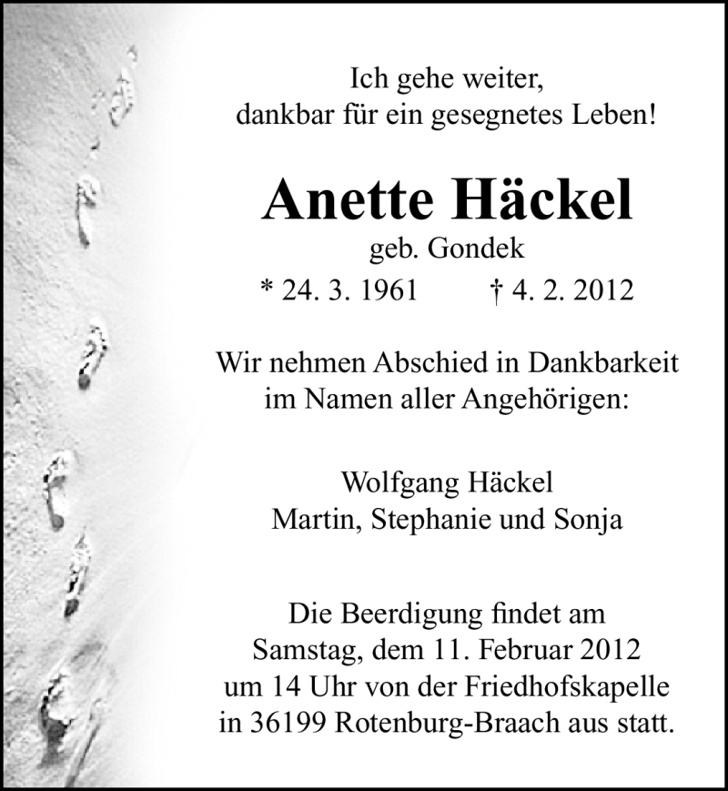  Traueranzeige für Anette Häckel vom 08.02.2012 aus Erlanger Nachrichten Lokal