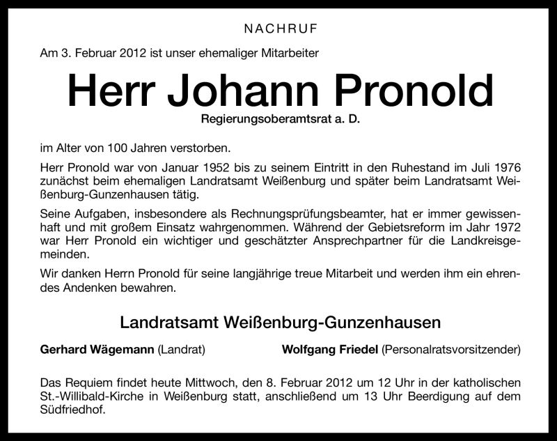  Traueranzeige für Johann Pronold vom 08.02.2012 aus Altmühl-Bote Lokal