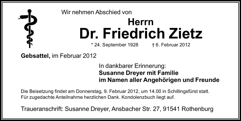  Traueranzeige für Friedrich Zietz vom 08.02.2012 aus Gesamtausgabe Nürnberger Nachrichten / Nürnberger Zeitung