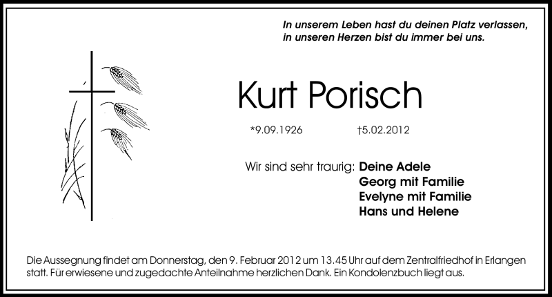  Traueranzeige für Kurt Porisch vom 08.02.2012 aus Erlanger Nachrichten Lokal