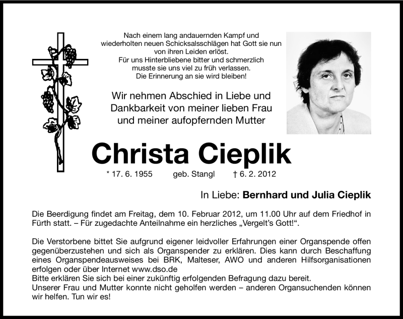  Traueranzeige für Christa Cieplik vom 08.02.2012 aus Fürther Nachrichten Lokal