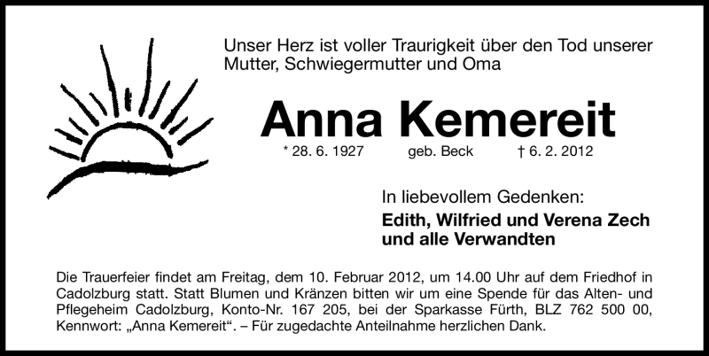  Traueranzeige für Anna Kemereit vom 08.02.2012 aus Fürther Nachrichten Lokal