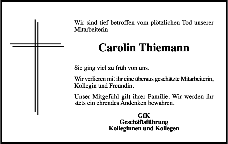  Traueranzeige für Carolin Thiemann vom 08.02.2012 aus Gesamtausgabe Nürnberger Nachrichten / Nürnberger Zeitung