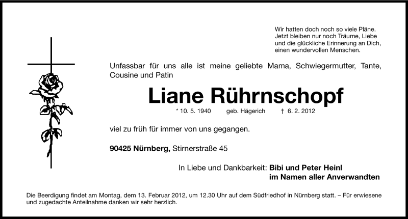  Traueranzeige für Liane Rührnschopf vom 11.02.2012 aus Gesamtausgabe Nürnberger Nachrichten / Nürnberger Zeitung