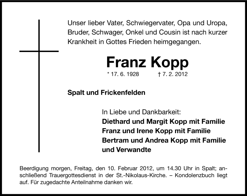  Traueranzeige für Franz Kopp vom 09.02.2012 aus Roth-Hilpoltsteiner Volkszeitung Lokal