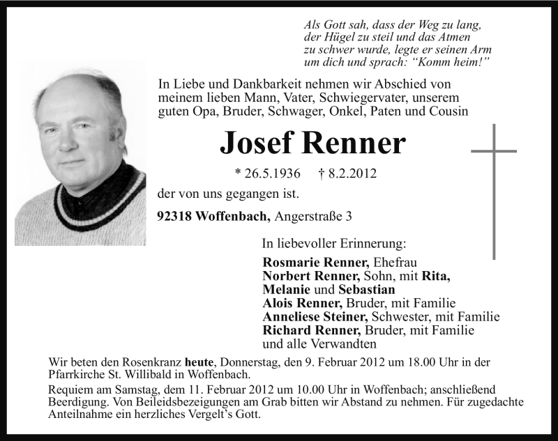  Traueranzeige für Josef Renner vom 09.02.2012 aus Neumarkter Nachrichten Lokal