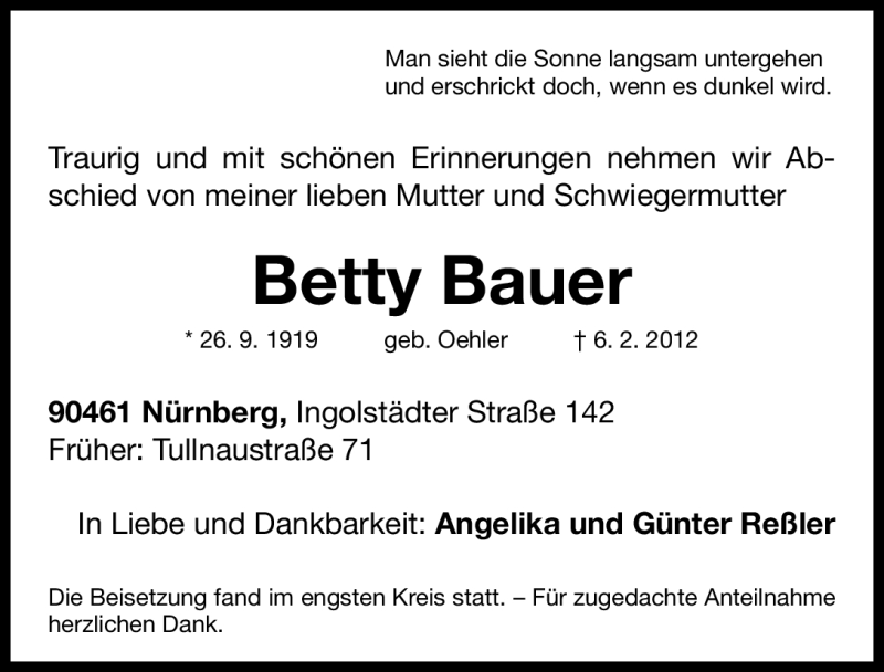  Traueranzeige für Betty Bauer vom 11.02.2012 aus Gesamtausgabe Nürnberger Nachrichten / Nürnberger Zeitung