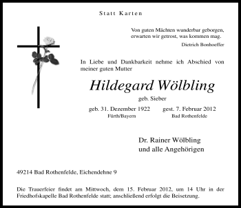 Traueranzeige von Hildegard Wölbling von Fürther Nachrichten Lokal