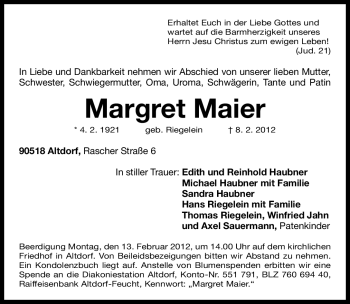 Traueranzeige von Margret Maier von Gesamtausgabe Nürnberger Nachrichten / Nürnberger Zeitung