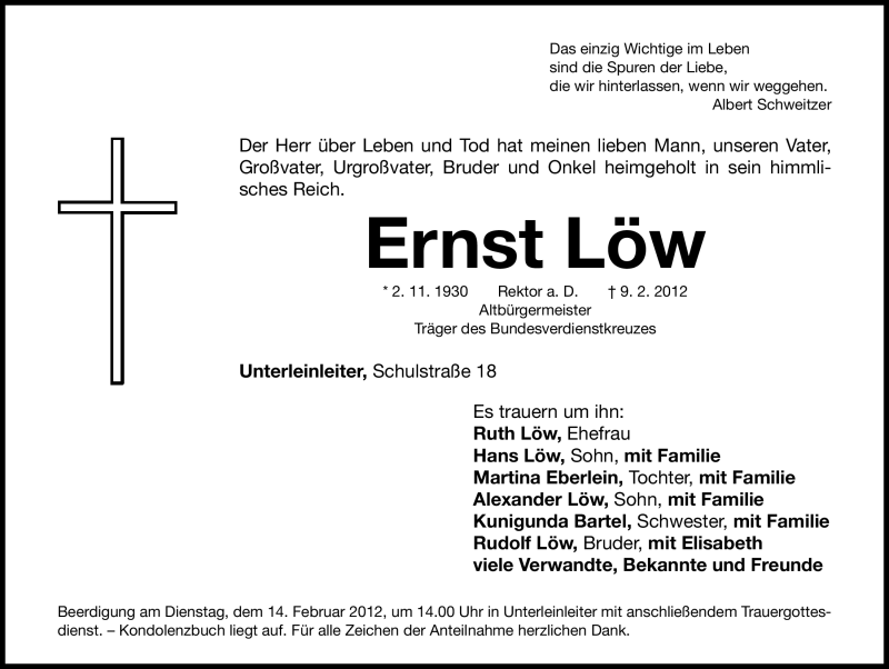  Traueranzeige für Ernst Löw vom 11.02.2012 aus Nordbayerische Nachrichten Forchheim Lokal