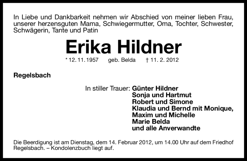  Traueranzeige für Erika Hildner vom 13.02.2012 aus Gesamtausgabe Nürnberger Nachrichten / Nürnberger Zeitung