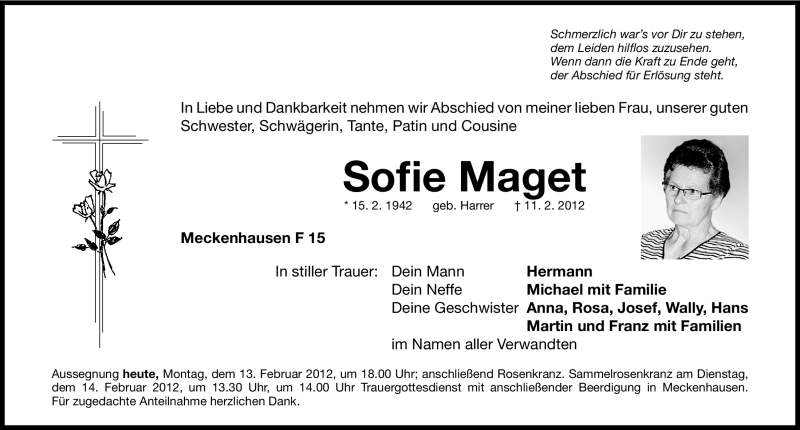  Traueranzeige für Sofie Maget vom 13.02.2012 aus Roth-Hilpoltsteiner Volkszeitung Lokal