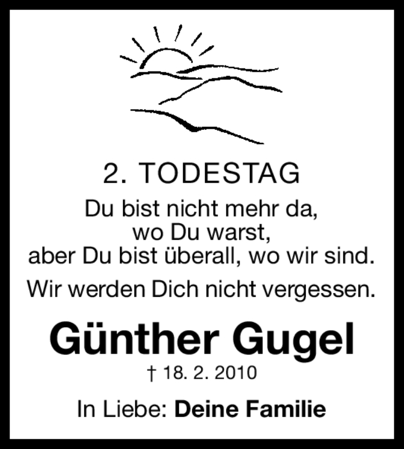  Traueranzeige für Günther Gugel vom 18.02.2012 aus Gesamtausgabe Nürnberger Nachrichten / Nürnberger Zeitung