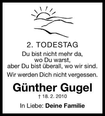 Traueranzeige von Günther Gugel von Gesamtausgabe Nürnberger Nachrichten / Nürnberger Zeitung