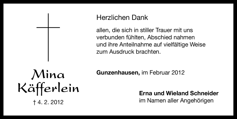  Traueranzeige für Mina Käfferlein vom 14.02.2012 aus Altmühl-Bote Lokal