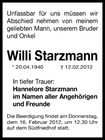 Traueranzeige von Willi Starzmann von Gesamtausgabe Nürnberger Nachrichten / Nürnberger Zeitung