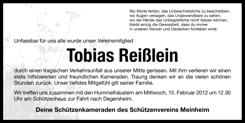  Traueranzeige für Tobias Reißlein vom 14.02.2012 aus Altmühl-Bote Lokal