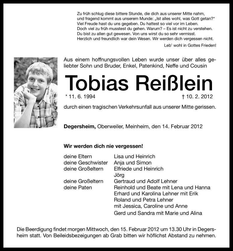  Traueranzeige für Tobias Reißlein vom 14.02.2012 aus Altmühl-Bote Lokal