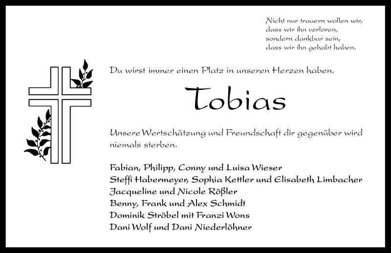  Traueranzeige für Tobias Reißlein vom 14.02.2012 aus Altmühl-Bote Lokal