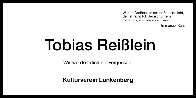  Traueranzeige für Tobias Reißlein vom 14.02.2012 aus Altmühl-Bote Lokal