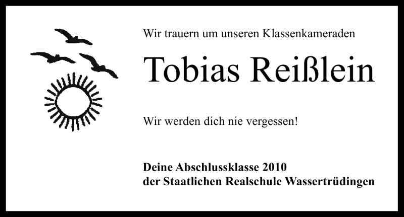 Traueranzeige für Tobias Reißlein vom 16.02.2012 aus Altmühl-Bote Lokal