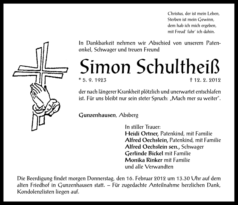  Traueranzeige für Simon Schultheiß vom 15.02.2012 aus Altmühl-Bote Lokal
