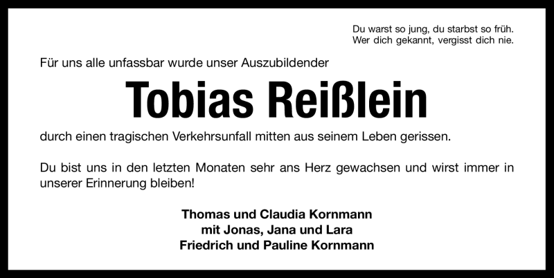  Traueranzeige für Tobias Reißlein vom 16.02.2012 aus Altmühl-Bote Lokal