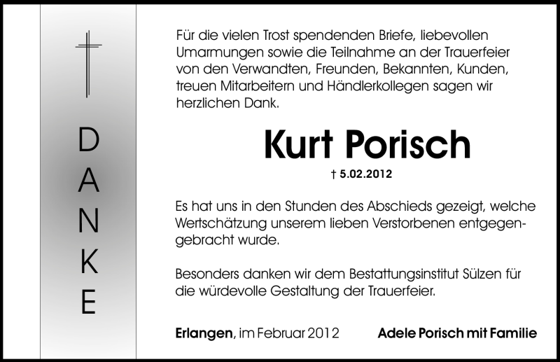  Traueranzeige für Kurt Porisch vom 18.02.2012 aus Erlanger Nachrichten Lokal