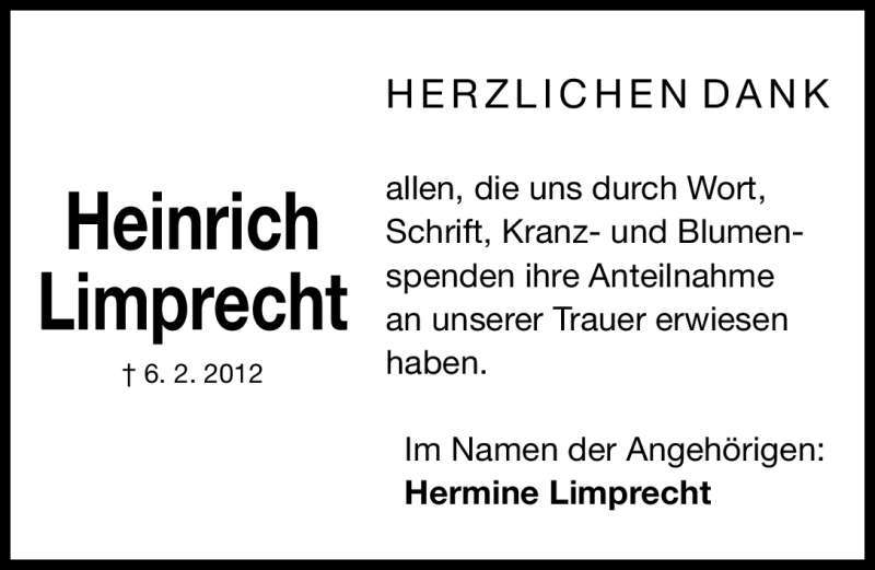  Traueranzeige für Heinrich Limprecht vom 18.02.2012 aus Gesamtausgabe Nürnberger Nachrichten / Nürnberger Zeitung