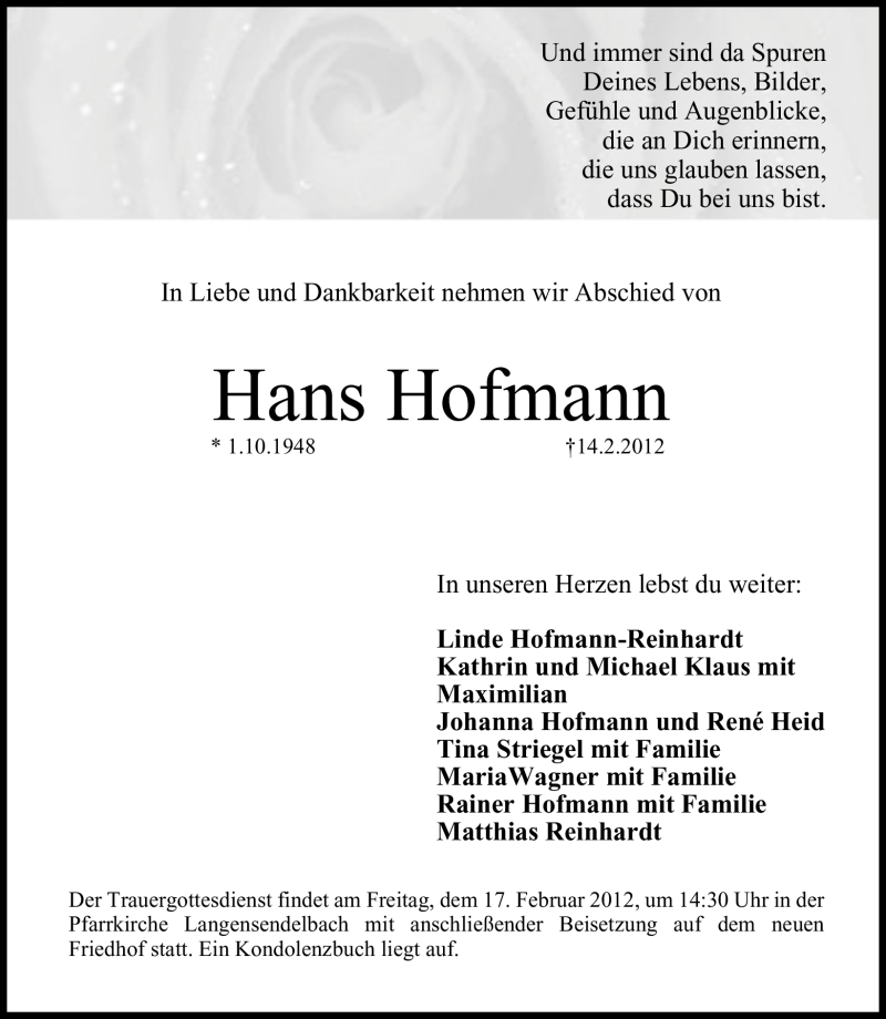  Traueranzeige für Hans Hofmann vom 16.02.2012 aus Nordbayerische Nachrichten Forchheim Lokal
