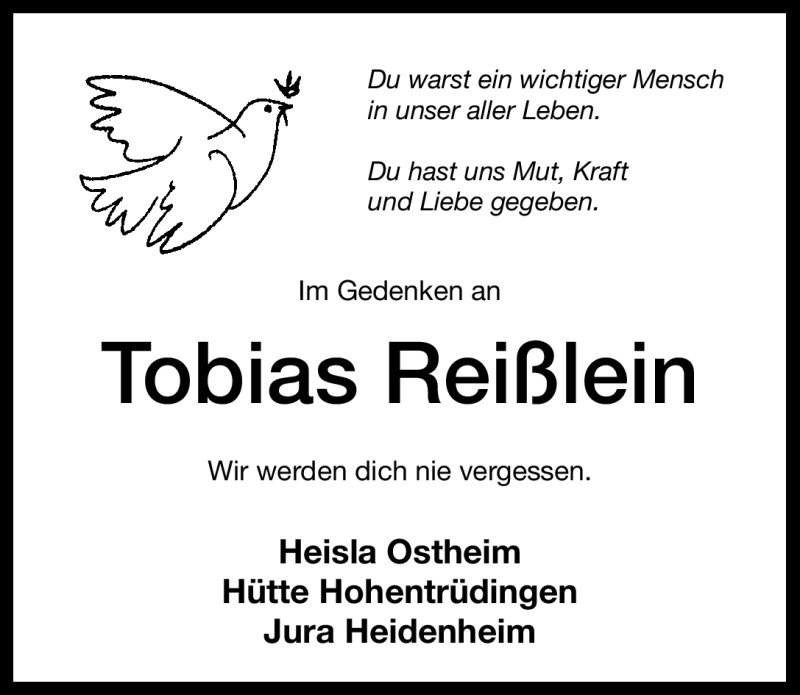  Traueranzeige für Tobias Reißlein vom 17.02.2012 aus Altmühl-Bote Lokal