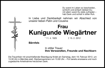 Traueranzeige von Kunigunde Wiegärtner von Nordbayerische Nachrichten Forchheim Lokal
