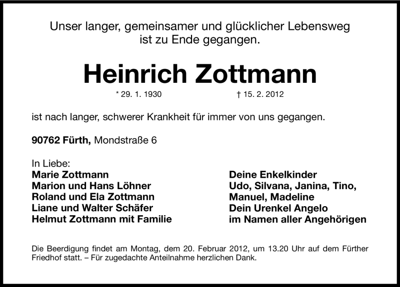  Traueranzeige für Heinrich Zottmann vom 18.02.2012 aus Fürther Nachrichten Lokal