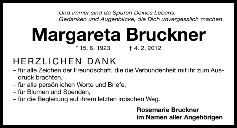  Traueranzeige für Margareta Bruckner vom 18.02.2012 aus Fürther Nachrichten Lokal