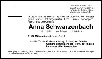 Traueranzeige von Anna Schwarzenbach von Erlanger Nachrichten Lokal