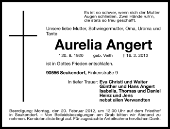 Traueranzeige von Aurelia Angert von Fürther Nachrichten Lokal
