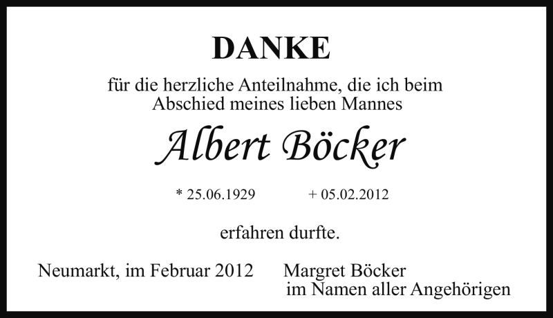  Traueranzeige für Albert Böcker vom 18.02.2012 aus Neumarkter Nachrichten Lokal