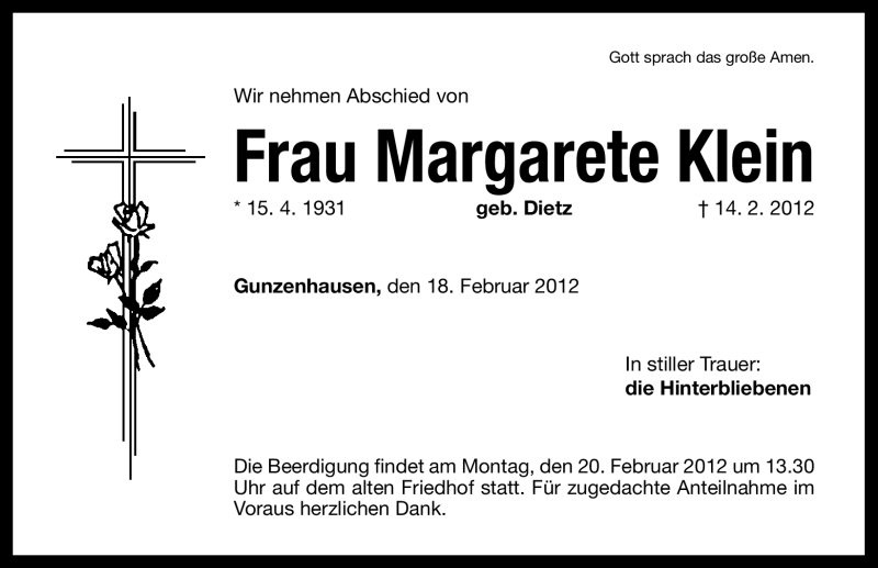  Traueranzeige für Margarete Klein vom 18.02.2012 aus Altmühl-Bote Lokal
