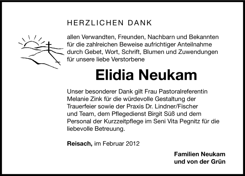  Traueranzeige für Elidia Neukam vom 18.02.2012 aus Nordbayerische Nachrichten Pegnitz Lokal