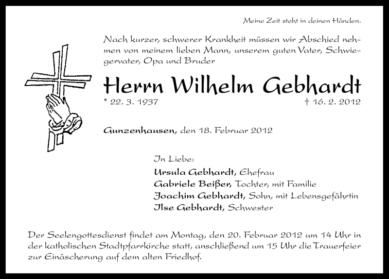  Traueranzeige für Wilhelm Gebhardt vom 18.02.2012 aus Altmühl-Bote Lokal