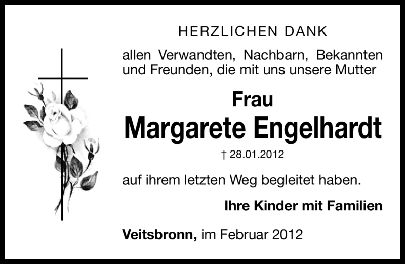  Traueranzeige für Margarete Engelhardt vom 18.02.2012 aus Fürther Nachrichten Lokal