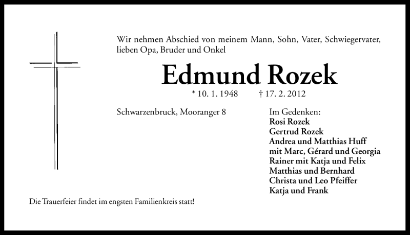  Traueranzeige für Edmund Rozek vom 18.02.2012 aus Gesamtausgabe Nürnberger Nachrichten / Nürnberger Zeitung