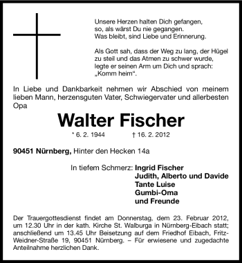 Traueranzeige von Walter Fischer von Gesamtausgabe Nürnberger Nachrichten / Nürnberger Zeitung