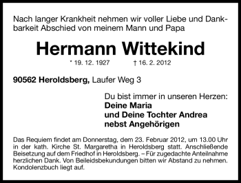 Traueranzeige von Hermann Wittekind von Gesamtausgabe Nürnberger Nachrichten / Nürnberger Zeitung