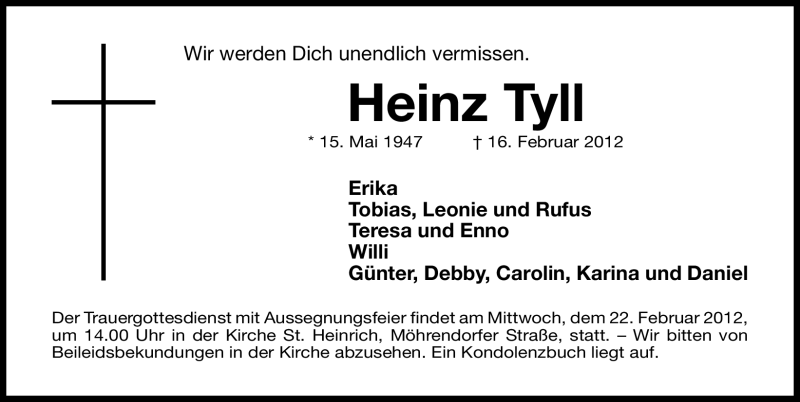  Traueranzeige für Heinz Tyll vom 18.02.2012 aus Erlanger Nachrichten Lokal