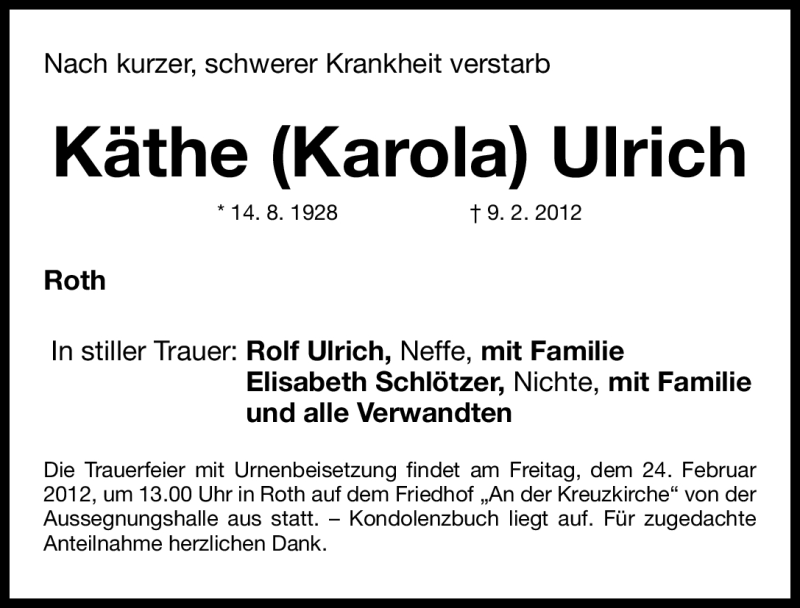  Traueranzeige für Käthe Ulrich vom 21.02.2012 aus Roth-Hilpoltsteiner Volkszeitung Lokal